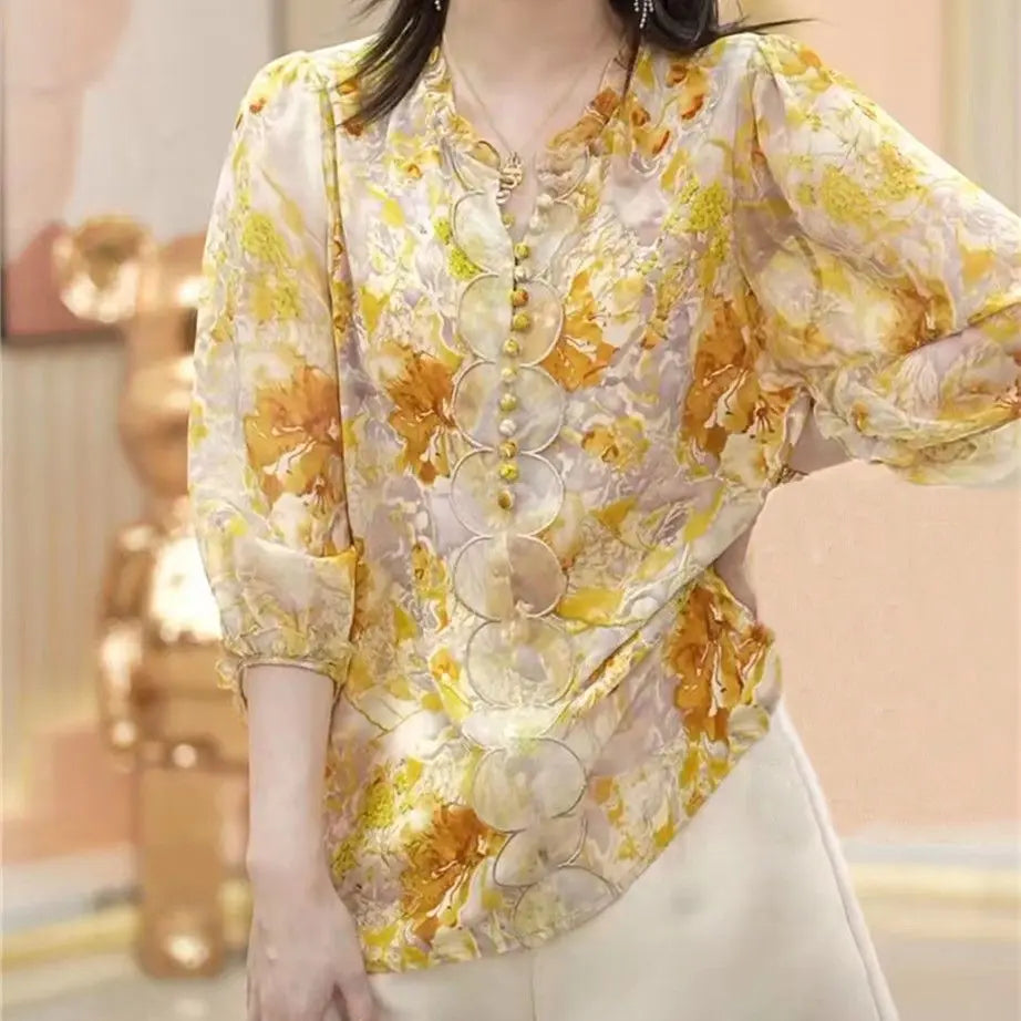 Women's shirt undershirt new seven minute sleeve small fresh blouse cover belly senior thin floral shirt    Your Coastal Marketplace | Shoreshopper.com