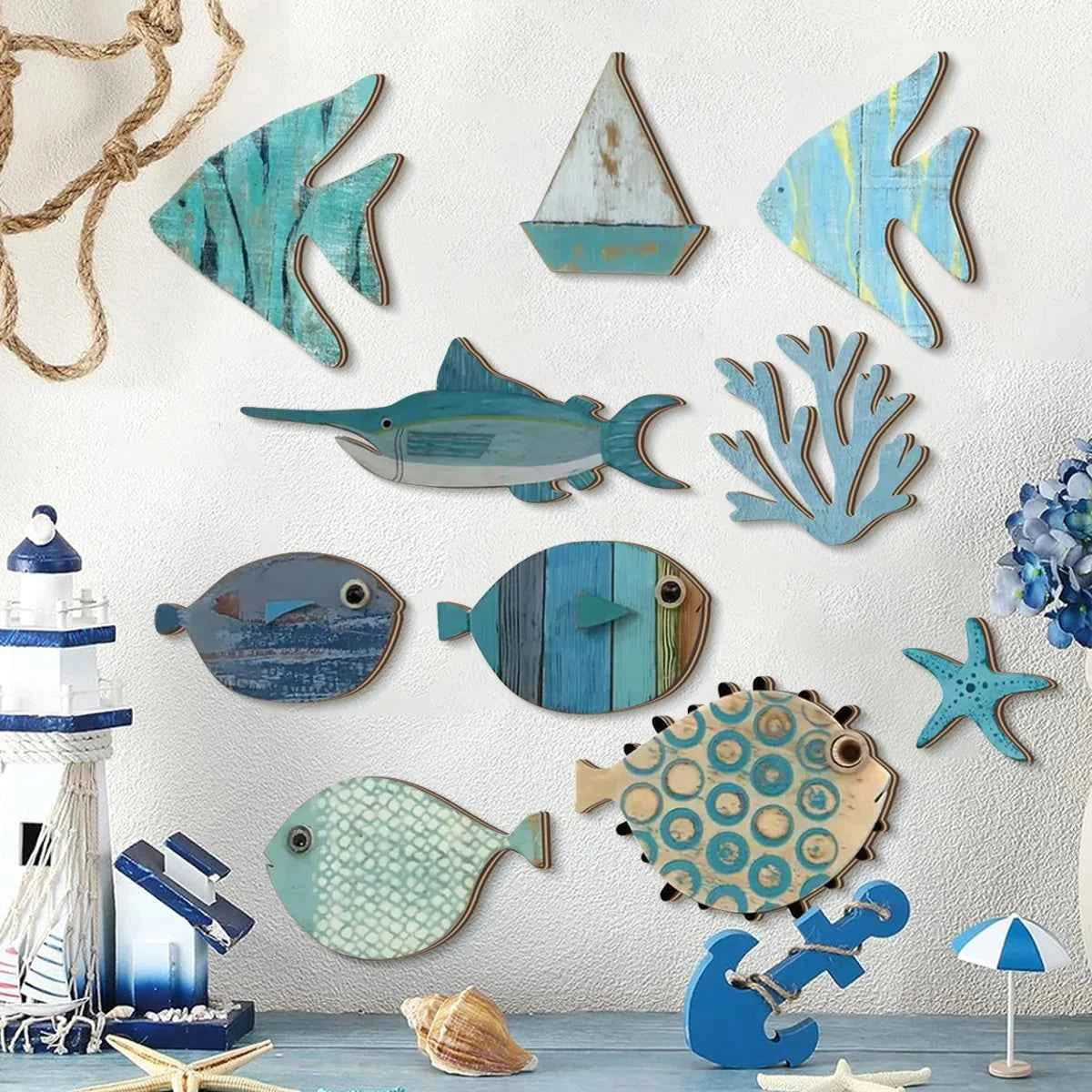 Handcrafted Wooden Ocean Wall Decor - Fish, Coral, Starfish & Sailboat Set for Home/Bathroom, Coastal Style Art