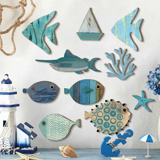 Handcrafted Wooden Ocean Wall Decor - Fish, Coral, Starfish & Sailboat Set for Home/Bathroom, Coastal Style Art