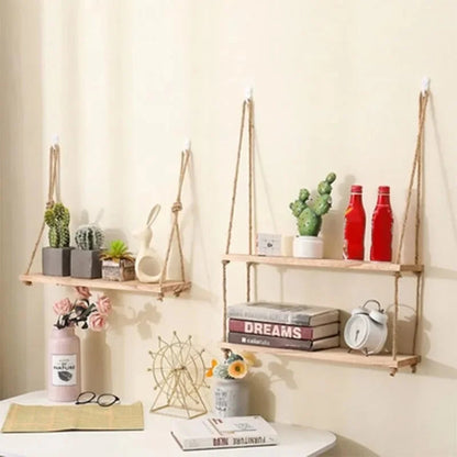 1PC 1/2/3-tier Wooden Floating Shelves for Wall Plant Flower  Hanging Rope Storager Wall Shelf Kitchen Storage    Home Decor Supply | Online Retail | ShoreShopper.com