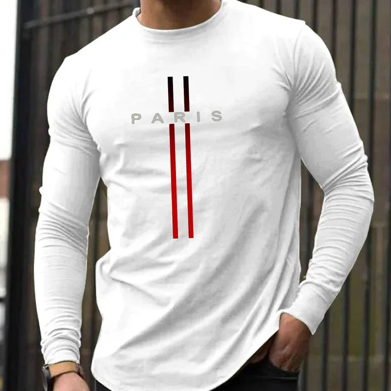 Men's Spring and Autumn 100% Cotton Loose and Comfortable Casual Paris Pattern Printed Round Neck Long Sleeve T-shirt    Home Decor Supply | Online Retail | ShoreShopper.com