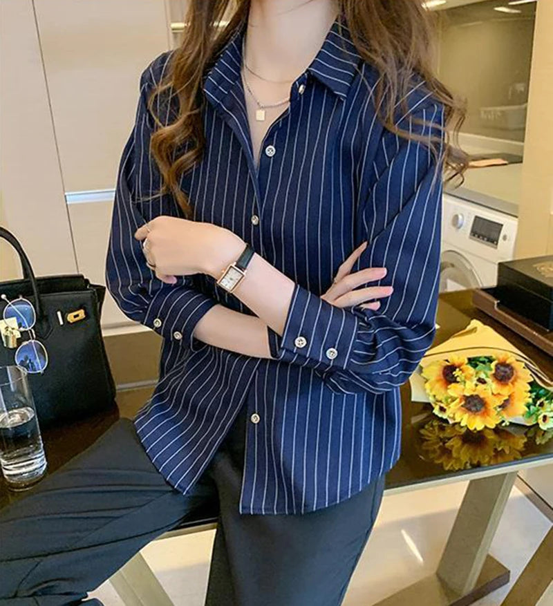 Striped Shirt Women Summer Vintage Chic Loose Long Sleeve Top Y2K Office Ladies Fashion Casual Turn Down Collar All Match Blouse    Your Coastal Marketplace | Shoreshopper.com