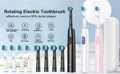 Electric Toothbrush Rotary Rechargeable Electric Toothbrush for Adults Rotating Electric Toothbrushes with 8 Soft Brush Heads - ShoreCo.Shop