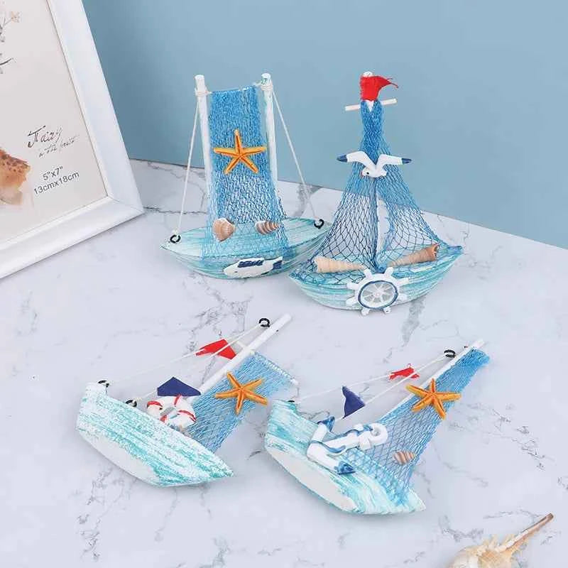 1pcs 15cm Wood Mini Sailboat Model Mediterranean Style Home Decor Marine Nautical Sailing Boat Ship Gift Craft Desktop Ornaments