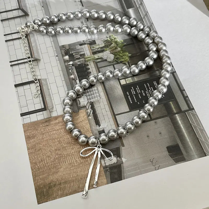 Fashionable Choker with Pendant Graceful Bowknot Pendant Choker Necklace with Gray Pearls Neck Jewelry Accessories    Home Decor Supply | Online Retail | ShoreShopper.com
