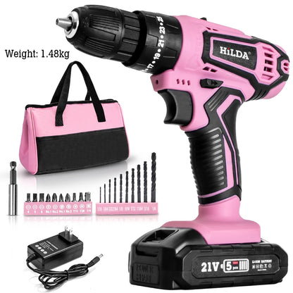 HILDA 21V Pink Drill Electric Drill Electric Screwdriver  Cordless Drill Mini Wireless Power Tools Lithium-Ion Battery - ShoreCo.Shop