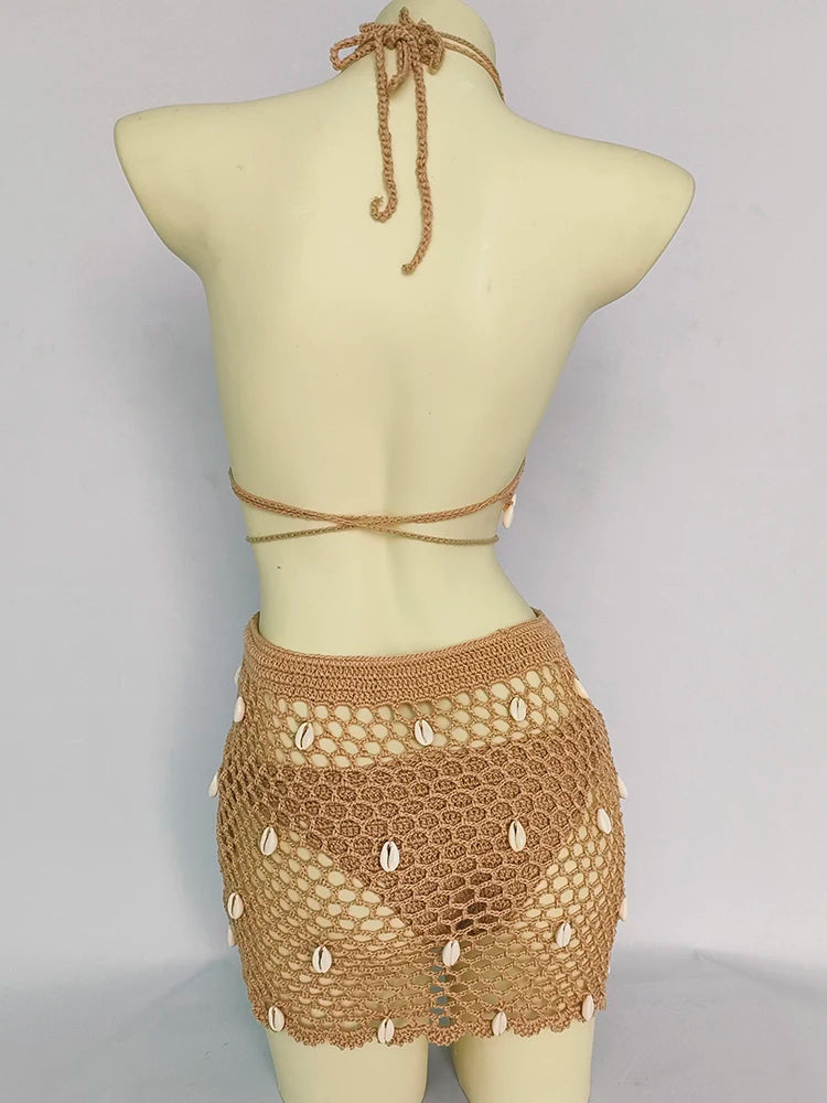 Women Beach Wear Swimsuit Cover-Ups Boho Summer See-Through Hollow Out Bandage High Waist Short Beach Skirt Crochet Knit Skirts    Your Coastal Marketplace | Shoreshopper.com
