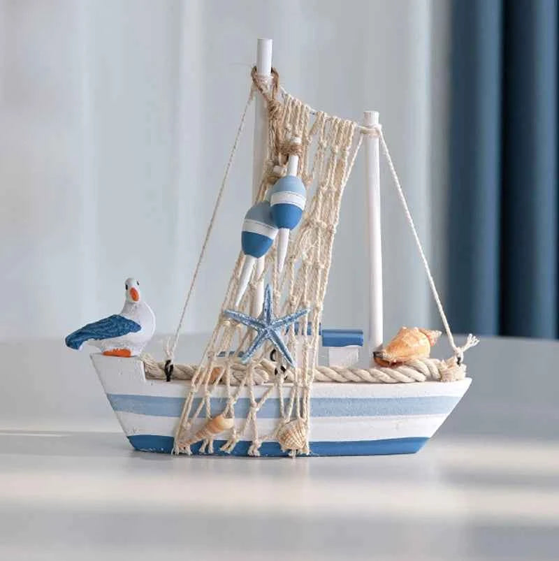 2025 Mediterranean Style Wooden Sailing Boat Model Ocean Style Desktop Ornament Crafts Small Wood Boat Kids Room Home Decor Gift