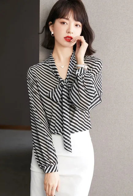 Striped Women's Shirt And Blouse Casual Youth Clothing Trend 2025 Novelty Streetwear Vintage Modern Long New V Neck Female Tops    Your Coastal Marketplace | Shoreshopper.com