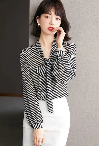 Striped Women's Shirt And Blouse Casual Youth Clothing Trend 2025 Novelty Streetwear Vintage Modern Long New V Neck Female Tops    Your Coastal Marketplace | Shoreshopper.com