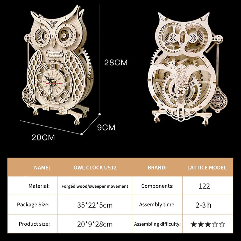 Wooden Puzzle 3D Owl Clock Model Building Kits Creative DIY Wall Clock Mechanical Retro Pendulum Clock Assembly Toy for Adults    Home Decor Supply | Online Retail | ShoreShopper.com