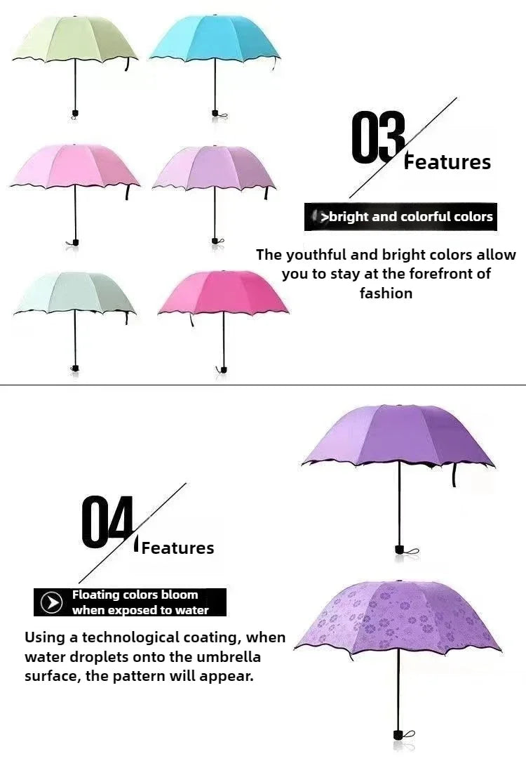 Umbrella Encountering Water Flowering 3-Fold Handheld Travel Umbrella UV Protection Portable Rain Umbrella with Parasol Frame    Your Coastal Marketplace | Shoreshopper.com