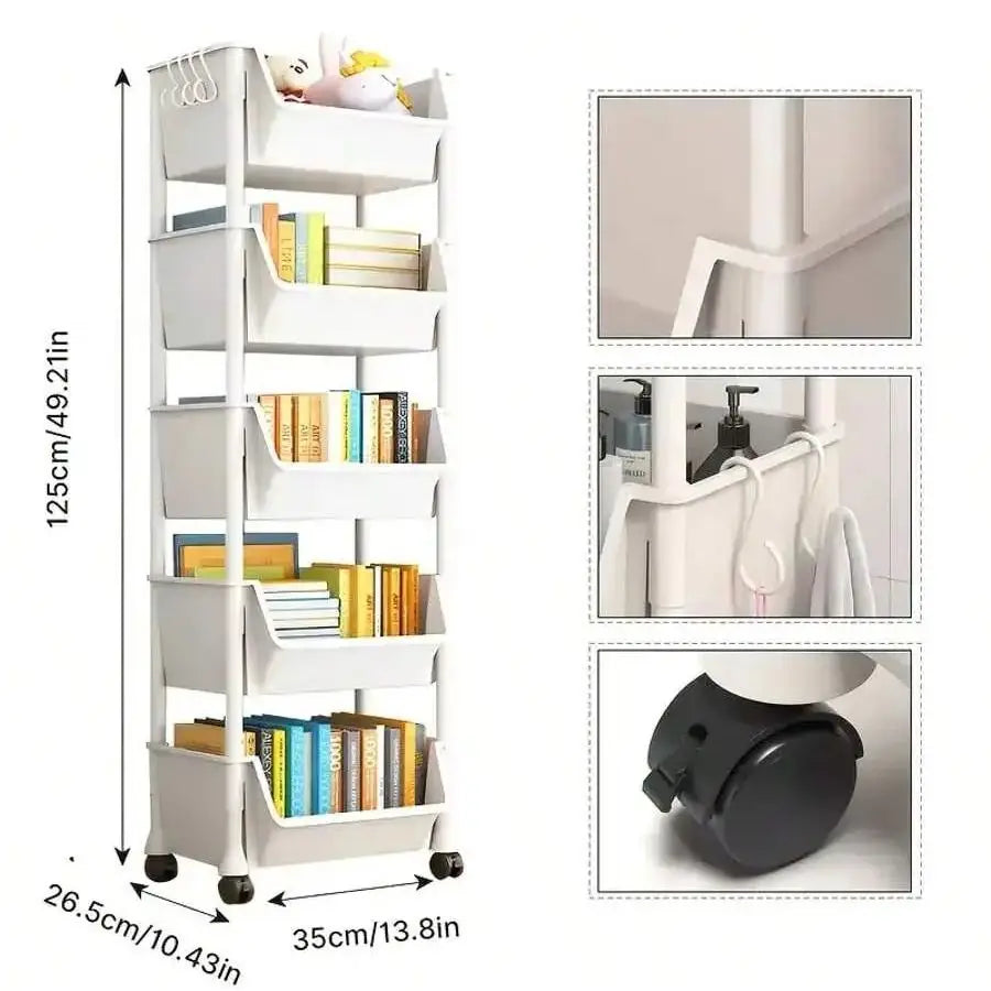 Multi-Tier Rolling Storage Cart, Slim Rolling Cart with Storage Bins and Hooks - Space-Saving Organizer, 360° Rotating Storage C    Home Decor Supply | Online Retail | ShoreShopper.com