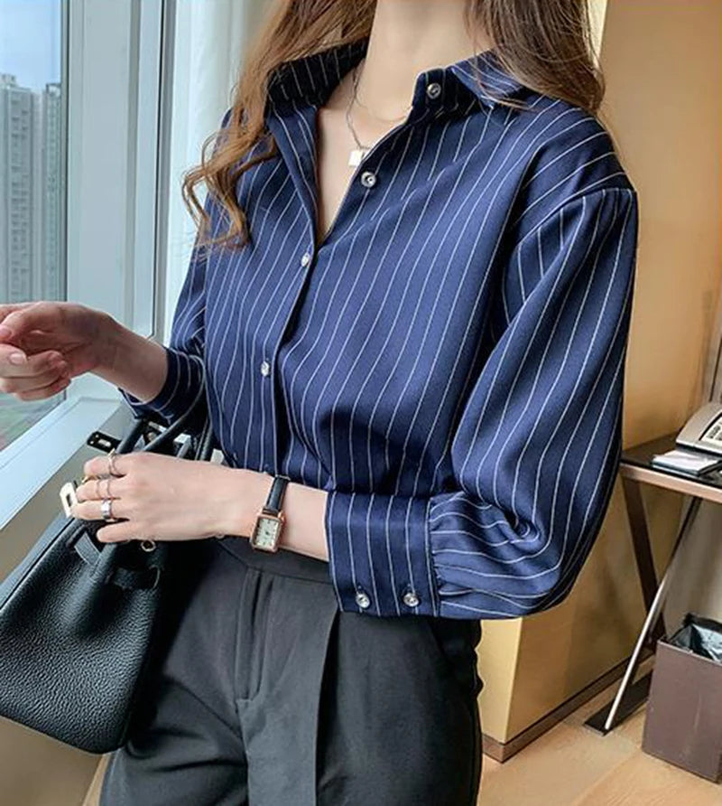 Striped Shirt Women Summer Vintage Chic Loose Long Sleeve Top Y2K Office Ladies Fashion Casual Turn Down Collar All Match Blouse    Your Coastal Marketplace | Shoreshopper.com