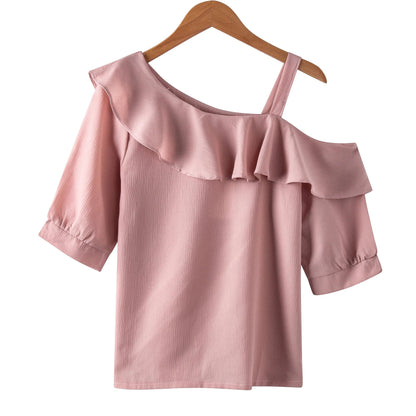 Women's Shirt Tops One-Shoulder Ruffles Short-sleeved Chiffon Blouse    Your Coastal Marketplace | Shoreshopper.com