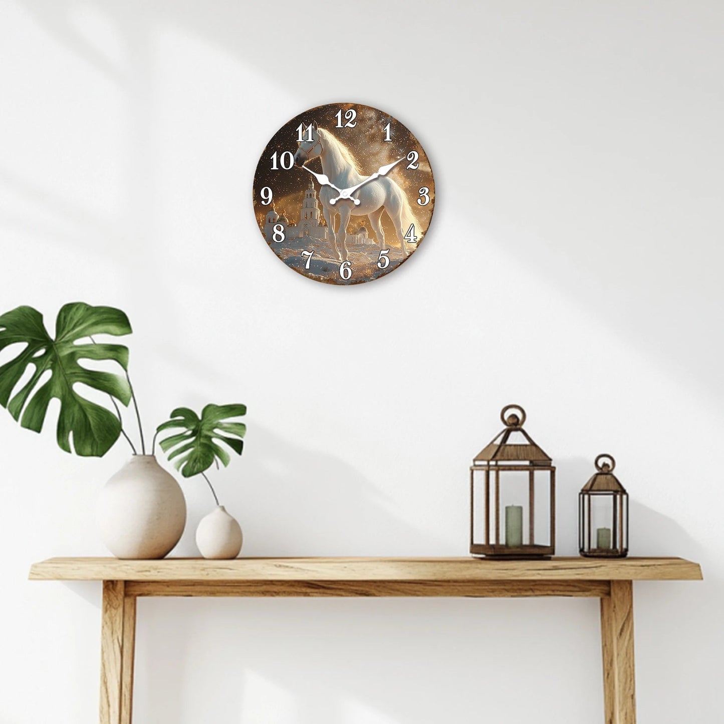 White Horse in Snowy Landscape Round Wall Clock, Ethereal Equine Art Decorative Clock, Dreamy Winter Scene Timepiece for Wall Ar    Home Decor Supply | Online Retail | ShoreShopper.com