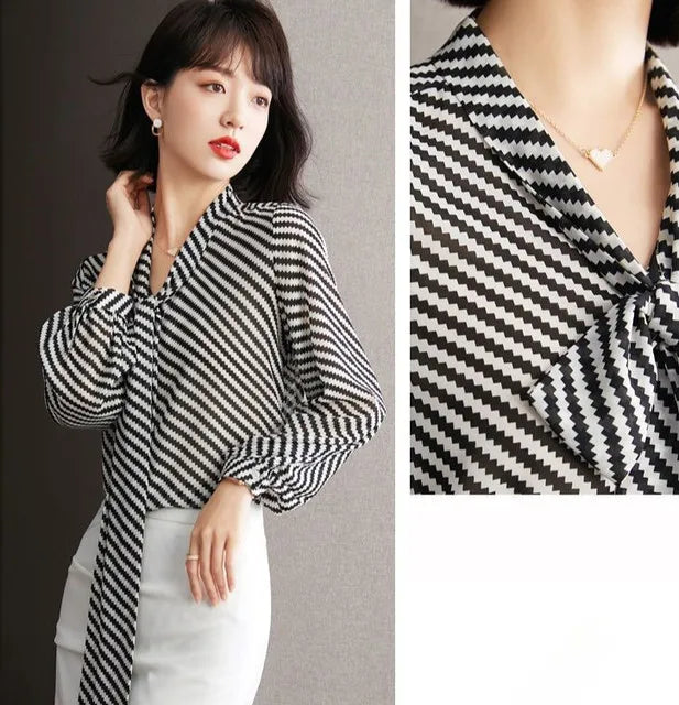 Striped Women's Shirt And Blouse Casual Youth Clothing Trend 2025 Novelty Streetwear Vintage Modern Long New V Neck Female Tops    Your Coastal Marketplace | Shoreshopper.com