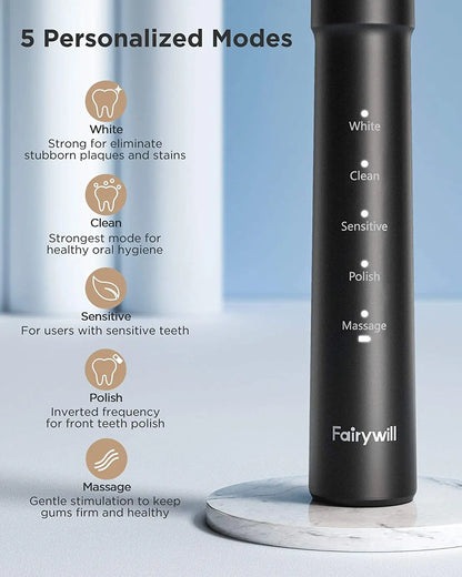 Fairywill Sonic Electric Toothbrush E11 Waterproof USB Charge Rechargeable Electric Toothbrush 8 Brush Replacement Heads Adult - ShoreCo.Shop