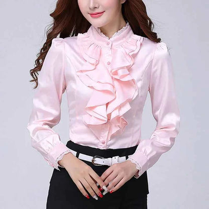 Women Shirts Long Sleeve   Spring Autumn Button Up Tops Fashion Lady Stand Collar Shirt Solid Color Female Elegant Blouses