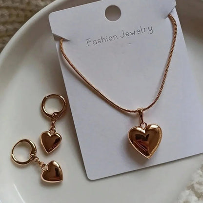Glossy Gold Plated Metal Love Heart Dangle Earrings Necklace Jewelry Set for Women Simple Dainty Daily Wear Outfit Accessories    Home Decor Supply | Online Retail | ShoreShopper.com