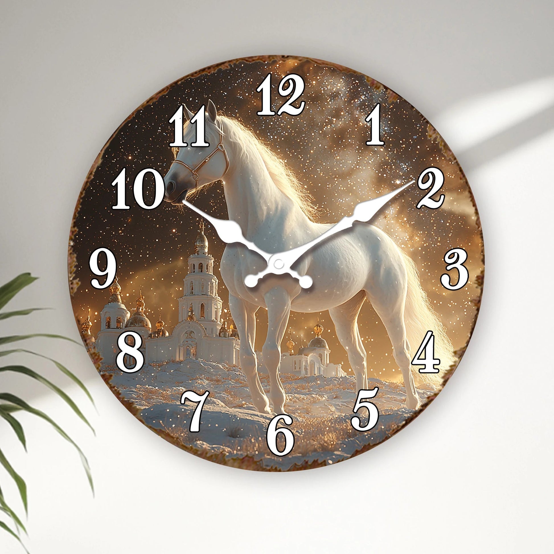White Horse in Snowy Landscape Round Wall Clock, Ethereal Equine Art Decorative Clock, Dreamy Winter Scene Timepiece for Wall Ar    Home Decor Supply | Online Retail | ShoreShopper.com