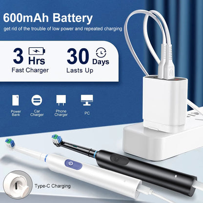 Electric Toothbrush Rotary Rechargeable Electric Toothbrush for Adults Rotating Electric Toothbrushes with 8 Soft Brush Heads - ShoreCo.Shop