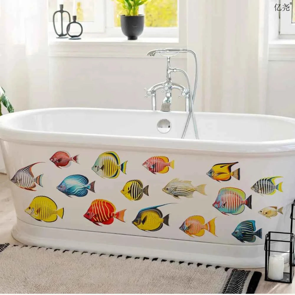 Cartoon Watercolor Marine Tropical Fish Group Decor Under Sea Fish Wall Stickers Children Bedroom Bathroom Ocean Animals Sticker
