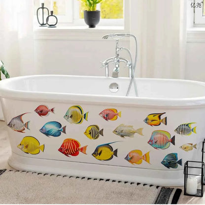 Cartoon Watercolor Marine Tropical Fish Group Decor Under Sea Fish Wall Stickers Children Bedroom Bathroom Ocean Animals Sticker