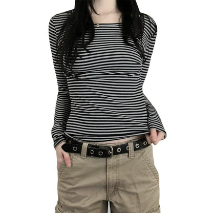 Long Sleeve Shirts for Women Fashion Casual Basic Crew Neck Striped Slim Fit T-shirt Going Out Blouses Y2K Vintage Tight Shirts    Your Coastal Marketplace | Shoreshopper.com
