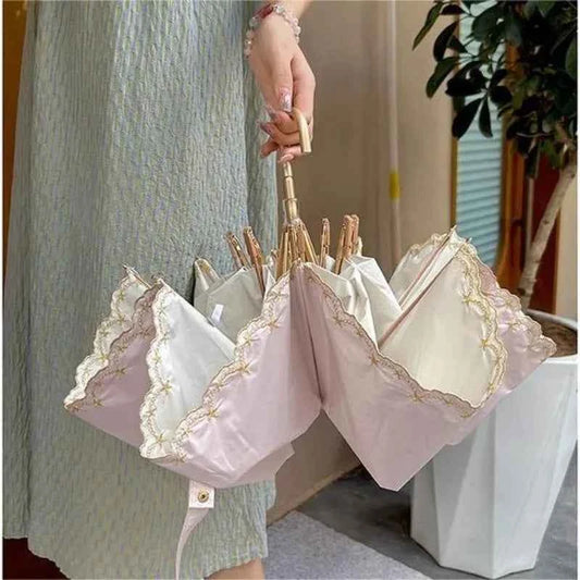 1pc Embroidered Sun Umbrella for Women Sun Protection and UV Protection All-weather Curved Hook Umbrella Folding Umbrella