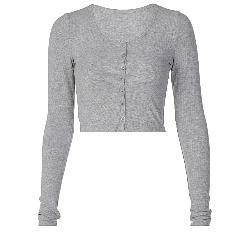 Single Breasted Tshirt Long Sleeve Crop Top Solid Color T Shirts For Women Streetwear Slim Fit Lady Outfit Camisetas Ropa Mujer    Your Coastal Marketplace | Shoreshopper.com