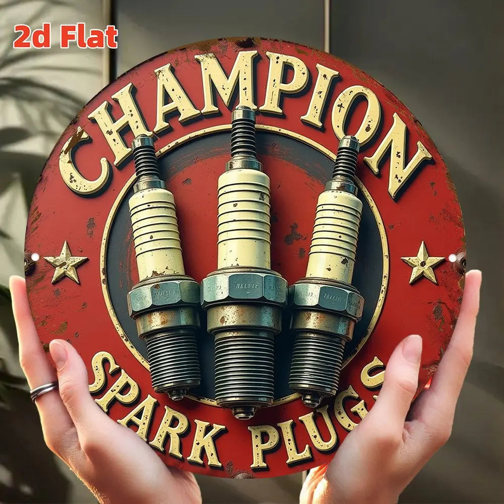 Vintage Champion Spark Plug Logo Metal Wall Art - 19.81cm Round Aluminum Sign with Red & Golden Racing Design, Automotive Engine    Home Decor Supply | Online Retail | ShoreShopper.com