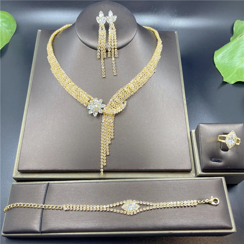 Fashion Crystal Bridal Jewelry Sets Silver Color Geometric Choker Necklace Earrings Bracelet Ring Four-piece Wedding Jewelry Set    Home Decor Supply | Online Retail | ShoreShopper.com