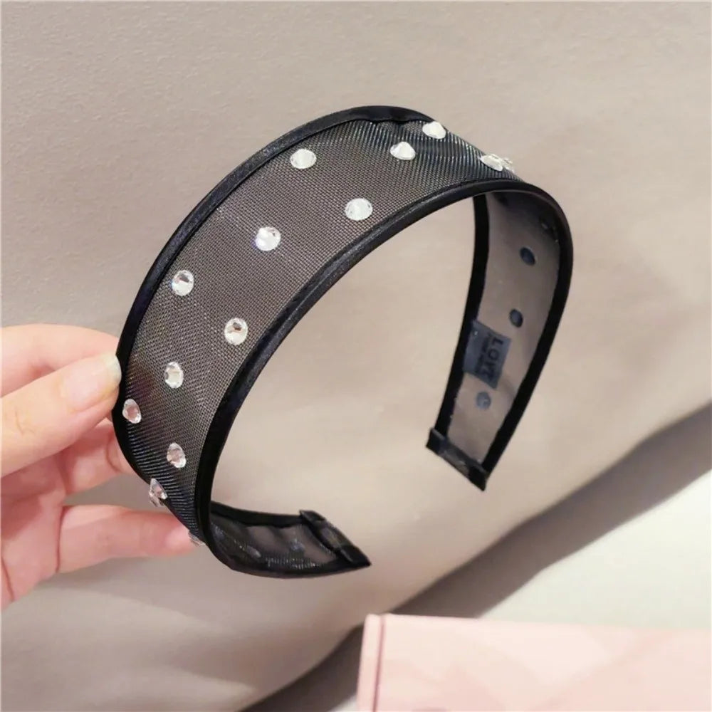 Headwear Mesh Pearls Headband Creative Beads Rhinestone Wide Hair Hoop Solid Color Waterproof Black White Hairband Wash Face    Your Coastal Marketplace | Shoreshopper.com