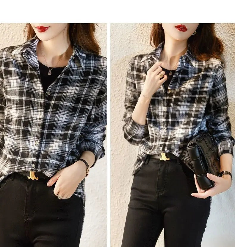Women's Shirt New Spring Autumn Long Sleeve Single-breasted Polo-neck Casual Printing Plaid Office Lady Elegant Fashion Cardigan    Your Coastal Marketplace | Shoreshopper.com