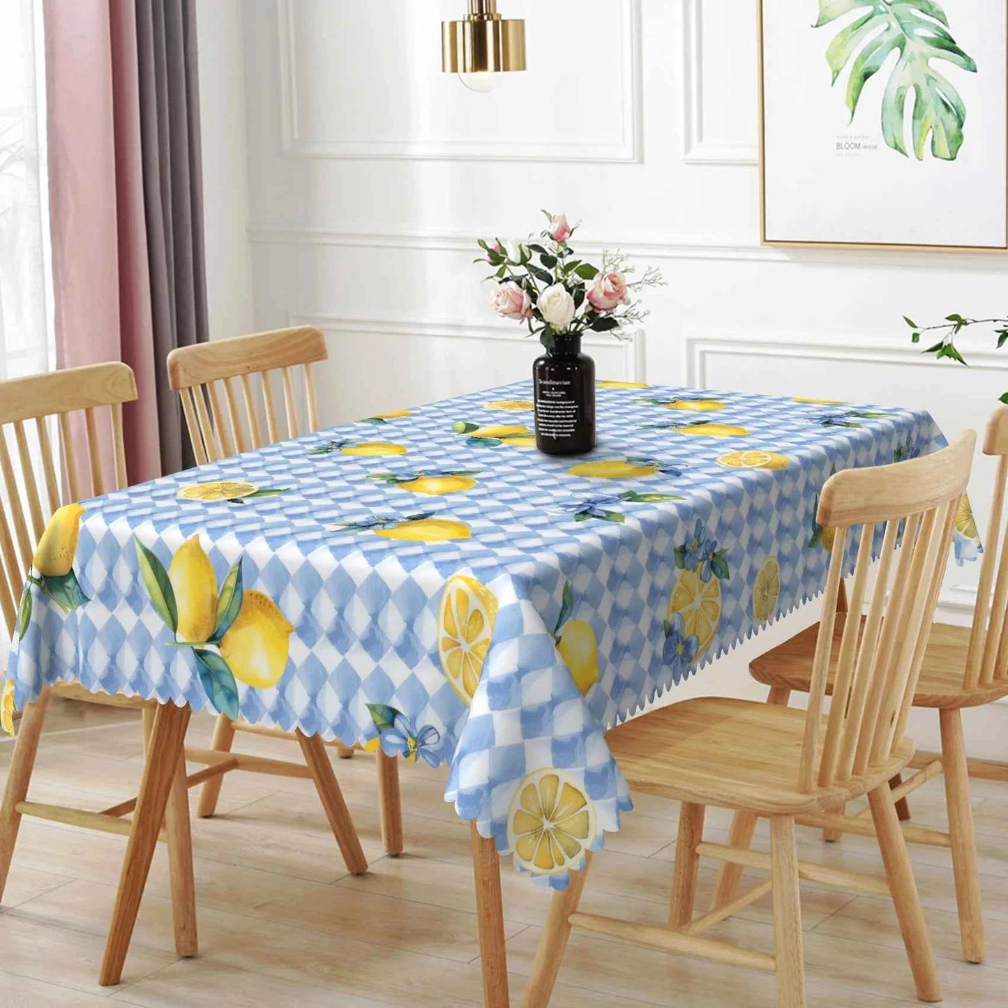 Waterproof Lemon Tablecloth Blue White Check Pattern Summer Decor Kitchen Dining Table Cover for Outdoor Indoor Rustic Style