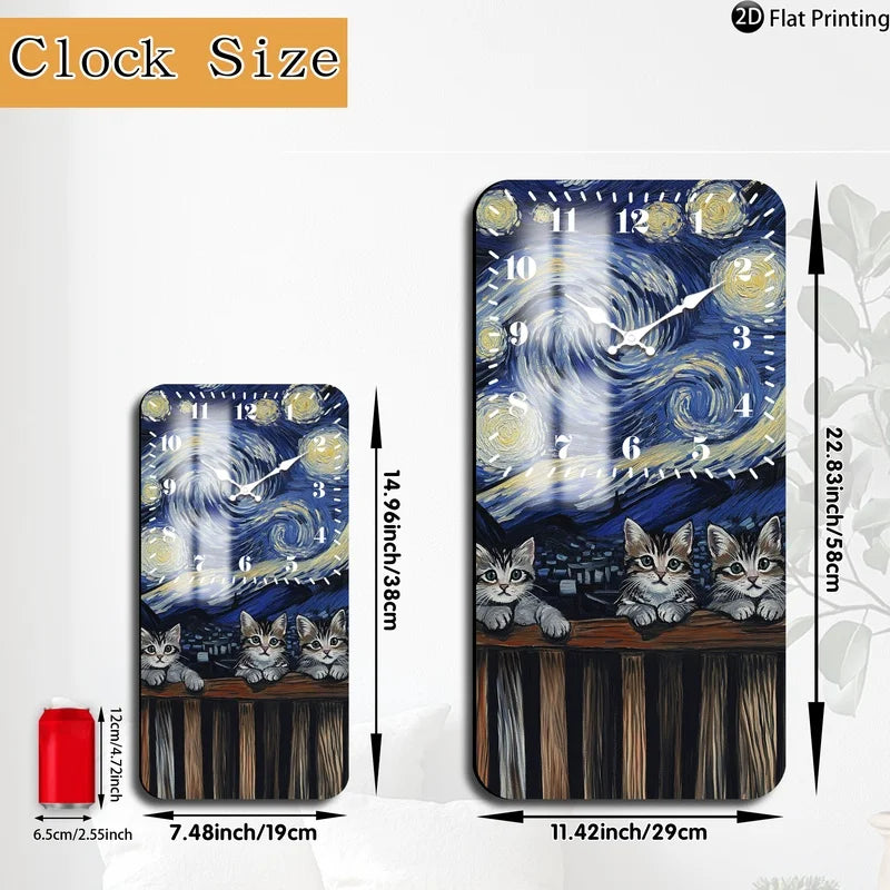 Vintage 2D-Flat Cats with Van Goghs Starry Night backdrop Wooden Silent Quartz Rectangle Wall Clock for Home Idea Holiday Gifts    Home Decor Supply | Online Retail | ShoreShopper.com