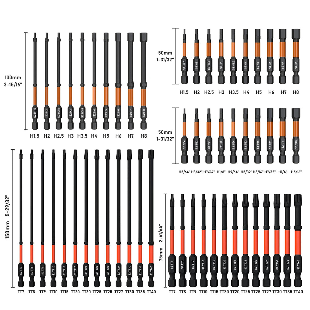 Impact Torx Bit Set-3/6 Inch  (T7-T40) & Impact Hex Head Allen Wrench Drill Bit Set-2/4 Inch  (H1.5-H8)  With CNC Machined Tips,    Home Decor Supply | Online Retail | ShoreShopper.com