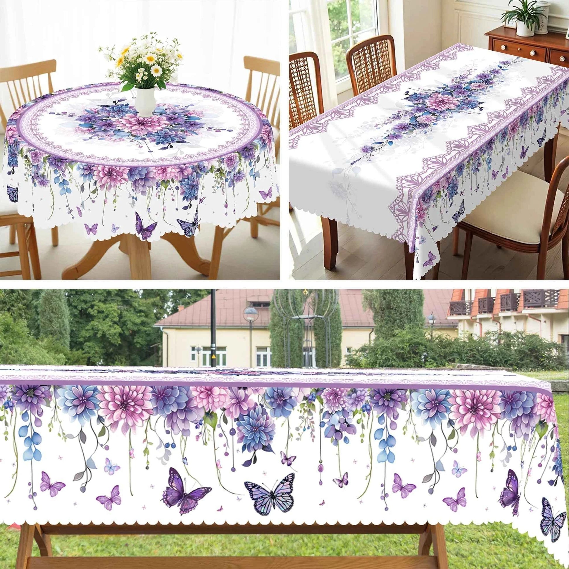 1pc Purple Floral Butterfly Tablecloth, Round & Rectangular Shapes, Perfect for Kitchen, Dining, Yard, Spring Summer Decor