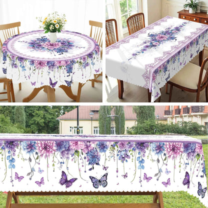 1pc Purple Floral Butterfly Tablecloth, Round & Rectangular Shapes, Perfect for Kitchen, Dining, Yard, Spring Summer Decor