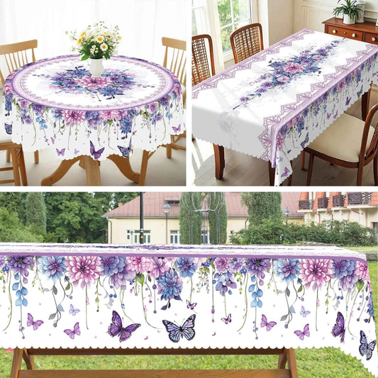 1pc Purple Floral Butterfly Tablecloth, Round & Rectangular Shapes, Perfect for Kitchen, Dining, Yard, Spring Summer Decor
