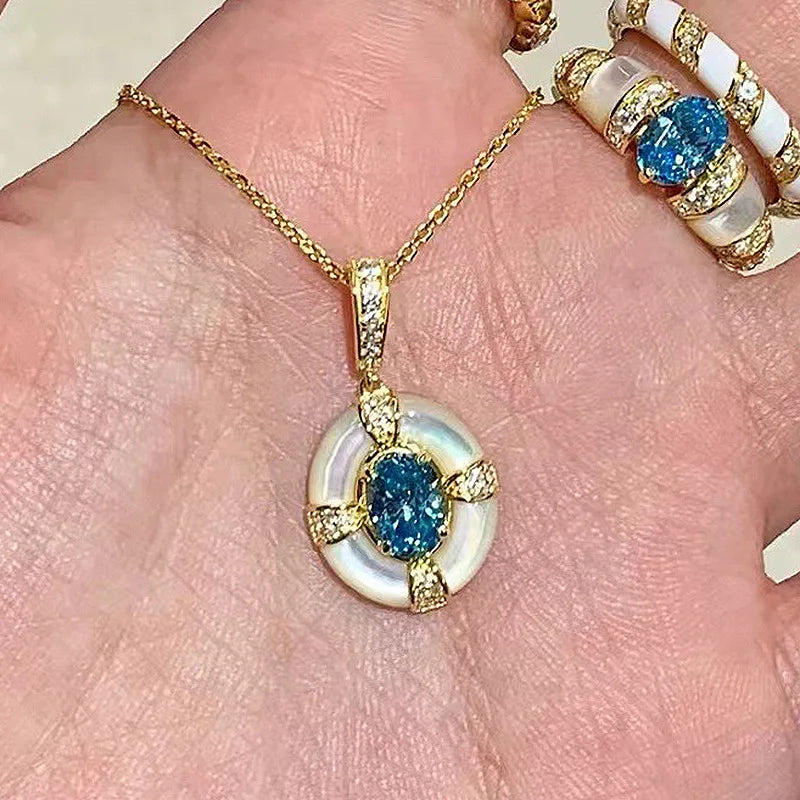 Classic blue jewelry sets dreamy aquamarine gem White Fritillaria ring necklace High quality palace style retro wedding gift    Home Decor Supply | Online Retail | ShoreShopper.com