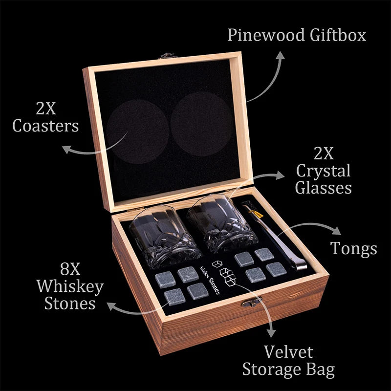 Father'S Day Gift For Men Whiskey Stones Set 8 Pcs Granite Ice Cubes+ 2 Pcs Cups For Whisky In Wooden Bottle Box Present For Dad    Your Coastal Marketplace | Shoreshopper.com