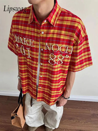 Trendy Pearls Stitching Shirts For Men 2025 Summer New Casual Plaid Shirt Mens Vintage Button-up Turn-down Collar Cardigan Tops    Home Decor Supply | Online Retail | ShoreShopper.com