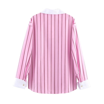 HH Women Spring Casual Shirt Pink Striped Lapel Long Sleeve Single Breasted Fashion Female Elegant Loose Versatile Blouse Mujer    Your Coastal Marketplace | Shoreshopper.com