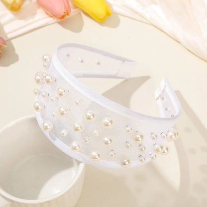 Headwear Mesh Pearls Headband Creative Beads Rhinestone Wide Hair Hoop Solid Color Waterproof Black White Hairband Wash Face    Your Coastal Marketplace | Shoreshopper.com
