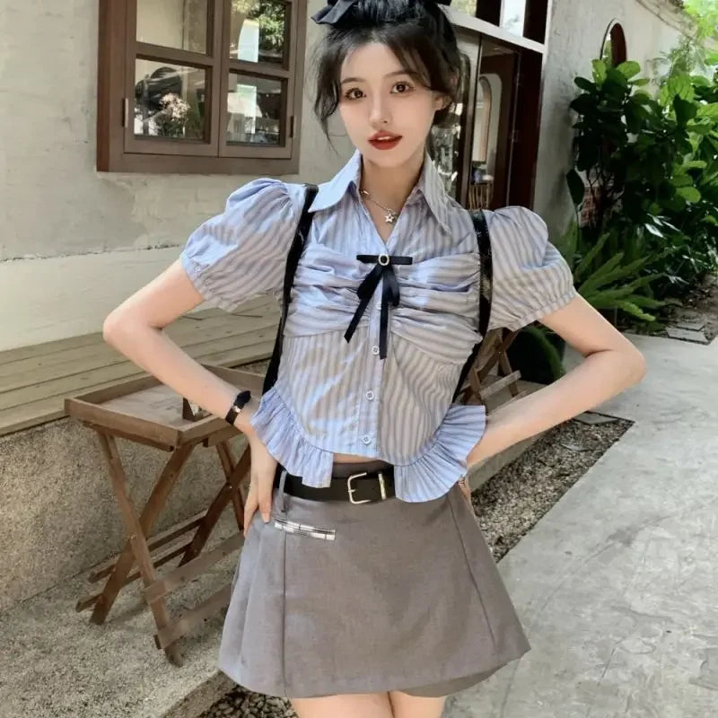 Bow-rinked Striped Shirt for Women Summer French Sweet and Spicy Puff Sleeve Shirt Short Short Sleeve Top    Home Decor Supply | Online Retail | ShoreShopper.com