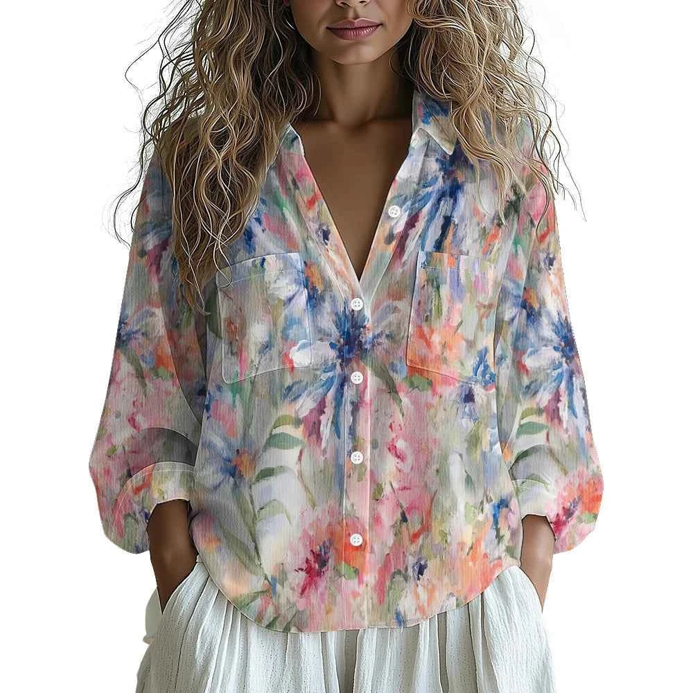 Women Luxury Floral Shirt Gradient Printed Blouse Elegant Button Up Long Sleeve Shirt for Office Casual Spring Summer Trend