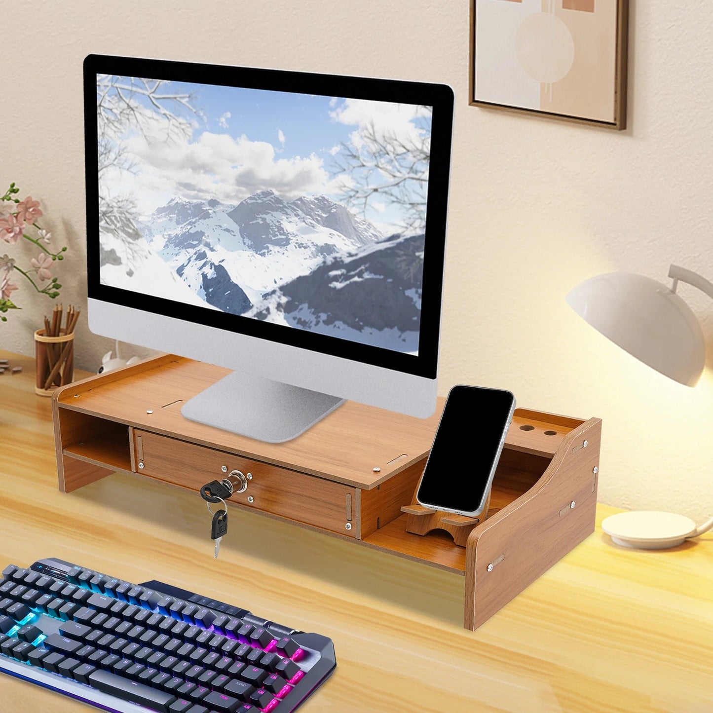 Wooden Desk Organizer W/ Drawer File Storage Desk Monitor Riser Computer Stand    Home Decor Supply | Online Retail | ShoreShopper.com