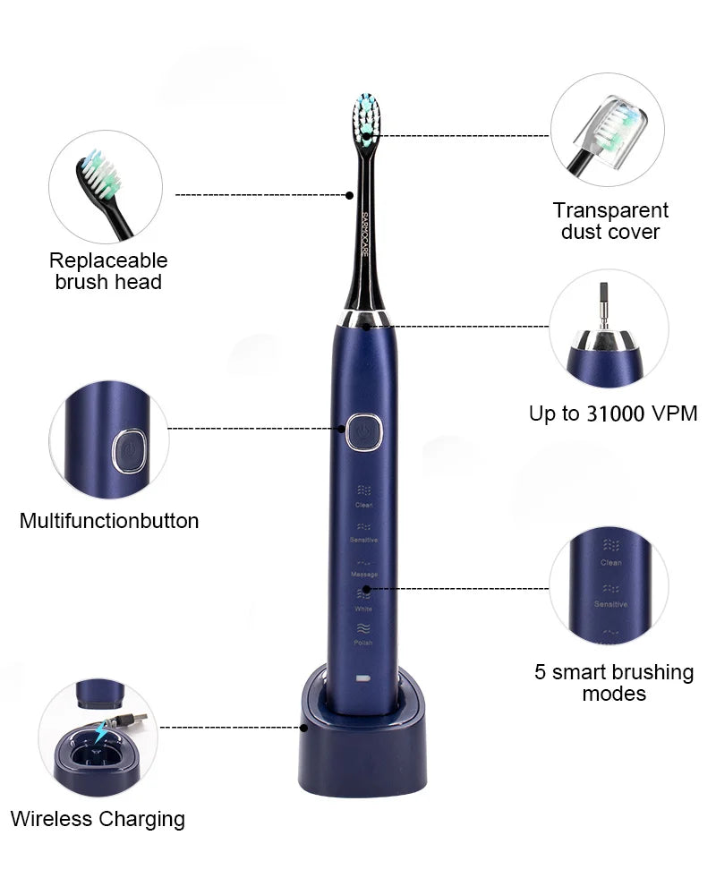 2026 NEW USB Rechargeable Electric Toothbrush Automatic Toothbrush for Adults with 5 Modes and 8 Replacement Brush Heads - ShoreCo.Shop